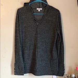 Grey hooded long sleeve shirt